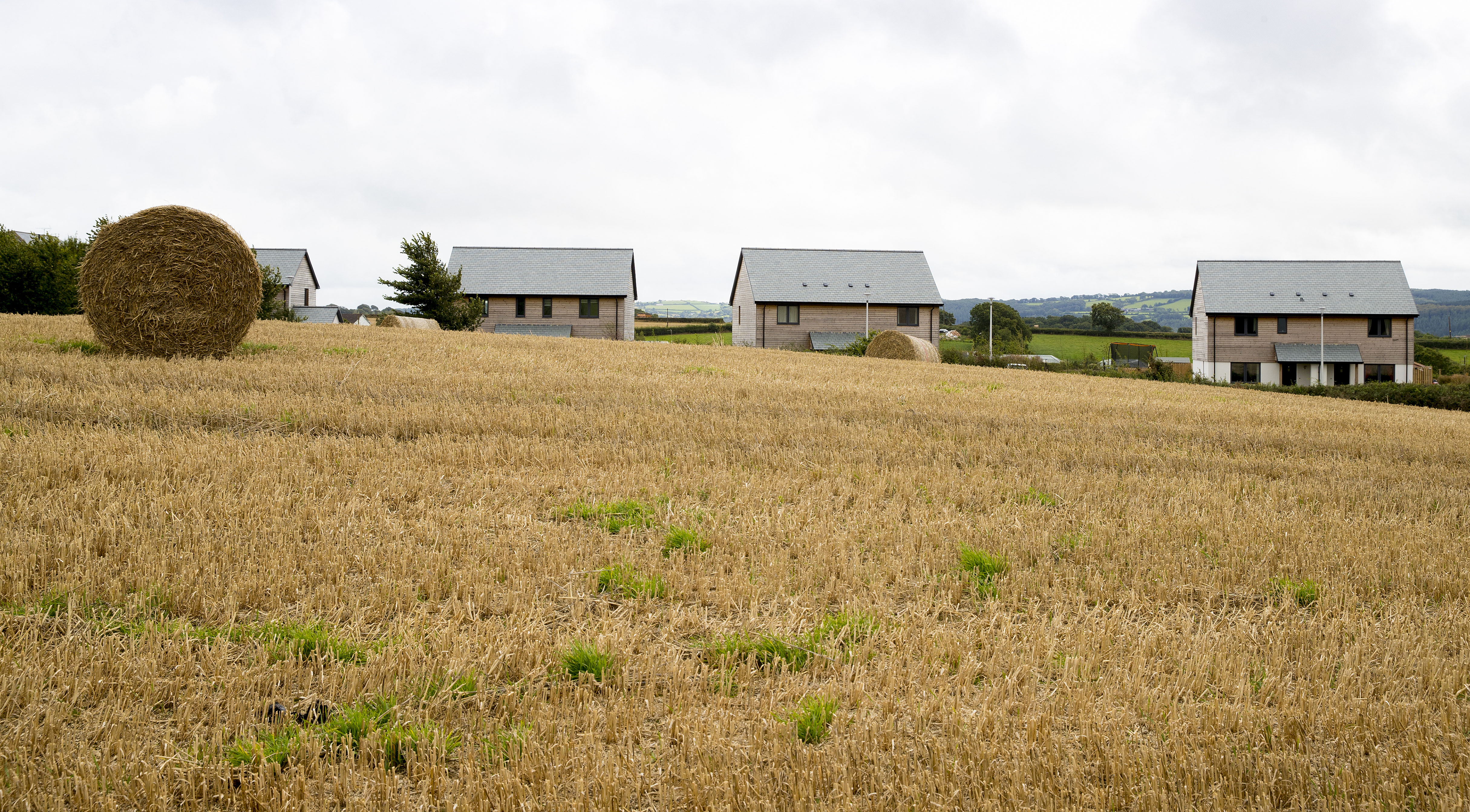 A barrel of hay surrounded by homes in Cheriton Bishop, Devon